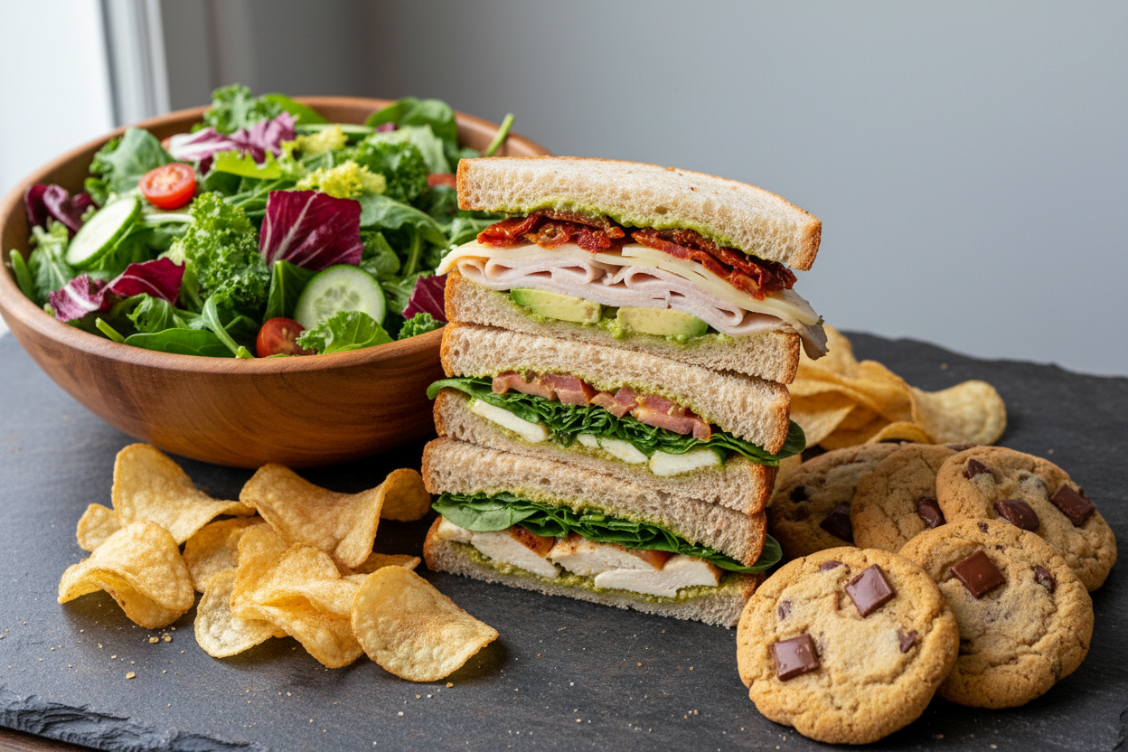 food image with sandwiches, green salad, chips without ridges and chocolate chip cookies