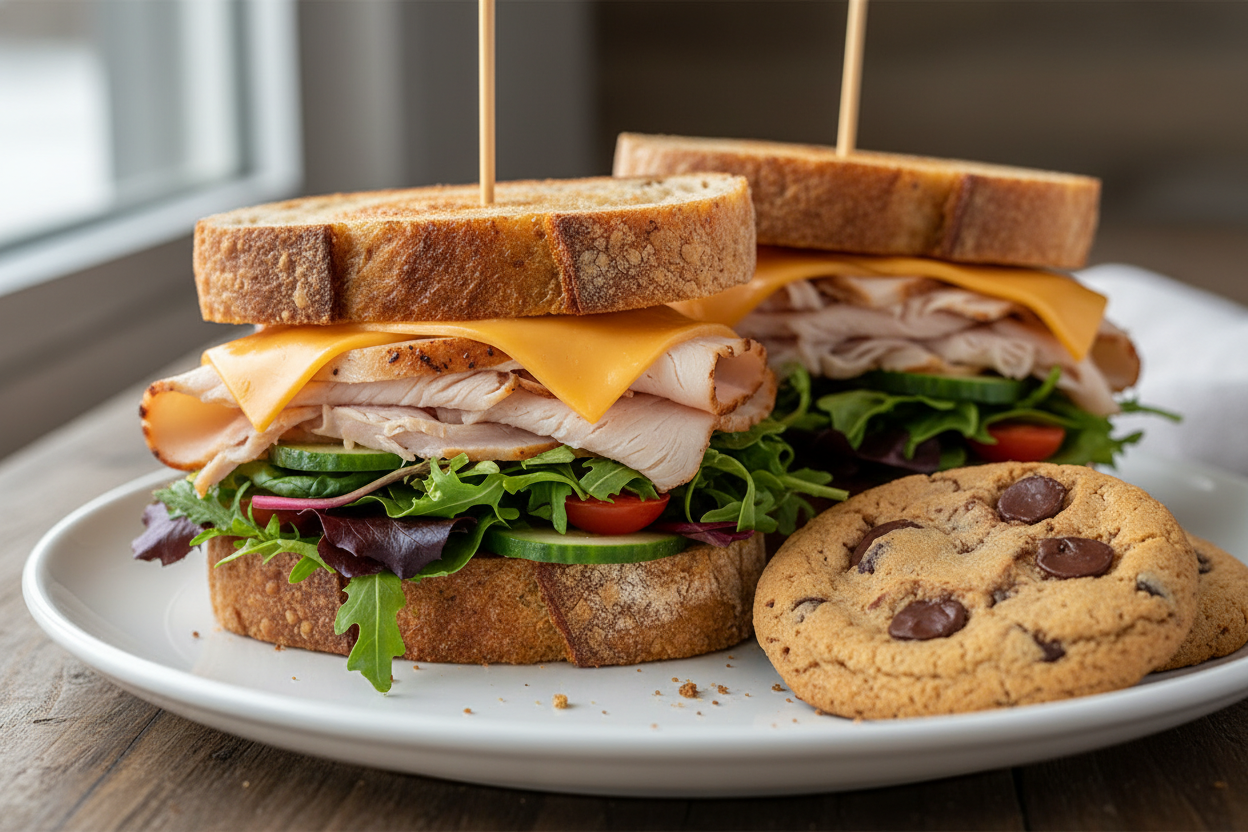 image of gourmet turkey sandwich with cheddar cheese, salad greens and a chocolate chip cookie 